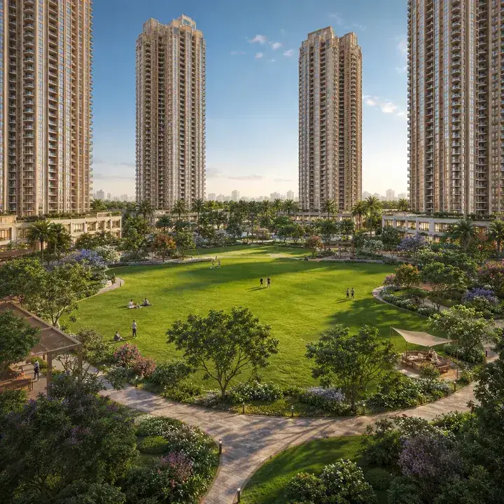 Prestige Battersea landscaped central green with the towers behind Prestige Battersea landscaped central green with the towers behind