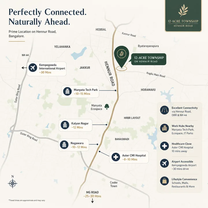 Prestige Battersea location map showing Hennur Road, Manyata Tech Park, Kalyan Nagar and Kempegowda International Airport Prestige Battersea location map showing Hennur Road, Manyata Tech Park, Kalyan Nagar and Kempegowda International Airport